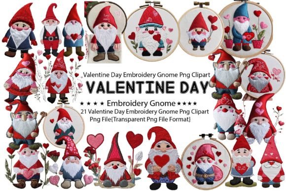 Valentine Day Embroidery Gnome PNG Bundl